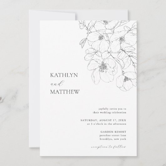Zwart-wit Minimalistische Floral Moderne Bruiloft Kaart (Voorkant)