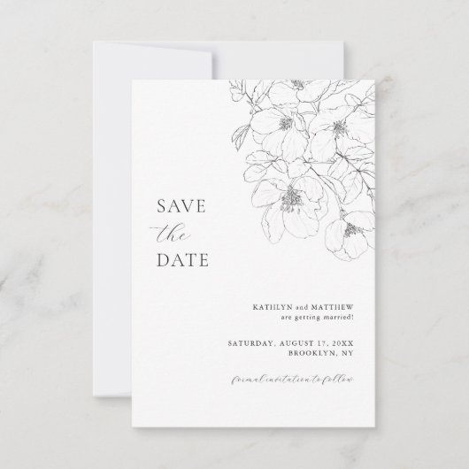 Zwart-wit Minimalistische Floral Moderne Bruiloft Save The Date (Voorkant)