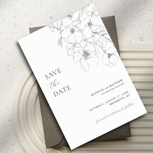 Zwart-wit Minimalistische Floral Moderne Bruiloft Save The Date