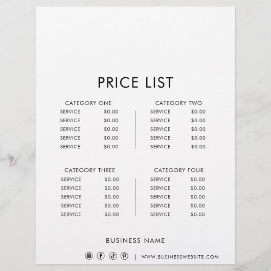 Zwart Wit Minimalistische formele prijslijst (Voorkant)