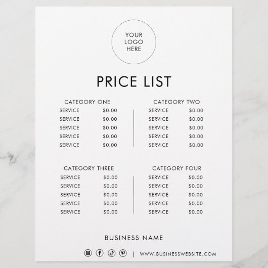 Zwart Wit Minimalistische formele prijslijst (Voorkant)