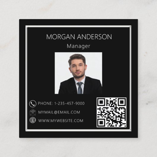Zwart wit minimalistische foto logo QR code Vierkante Visitekaartje (Achterkant)
