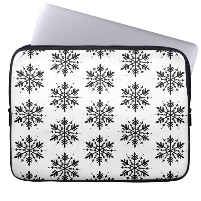 Zwart-wit minimalistische grafische sneeuwvlok laptop sleeve (Voorkant)