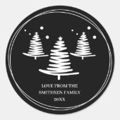 Zwart wit minimalistische kerstbomen ronde sticker (Voorkant)