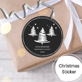 Zwart wit minimalistische kerstbomen ronde sticker