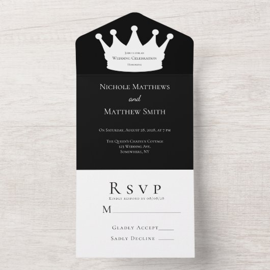 Zwart-wit minimalistische kroon bruiloft all in one uitnodiging (Binnen)