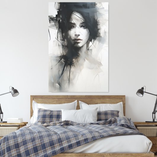 Zwart-wit minimalistische kunst | Etherische essen Canvas Afdruk (Insitu (Slaapkamer))