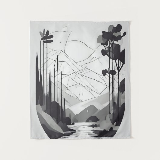 Zwart-wit minimalistische landschapsabstracte kuns wandkleed (Voorkant)
