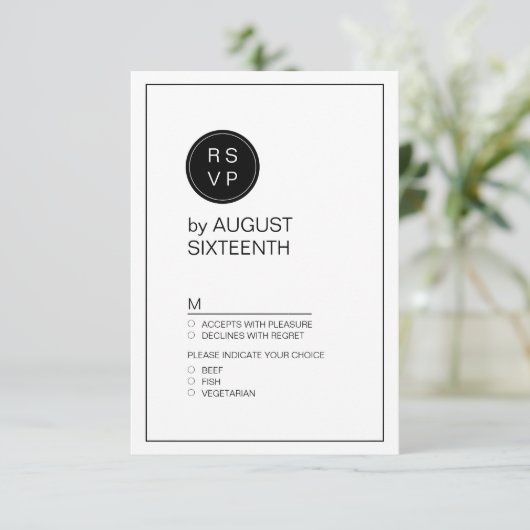 Zwart-wit minimalistische moderne bruiloft RSVP (Staand voorkant)