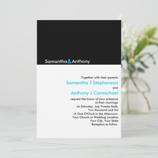 Zwart/wit minimalistische moderne bruiloft uitnodi kaart (Staand voorkant)