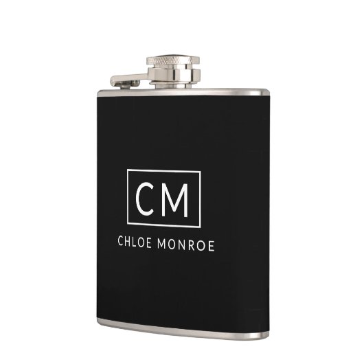 Zwart-wit minimalistische moderne monogram naam heupfles (Links)