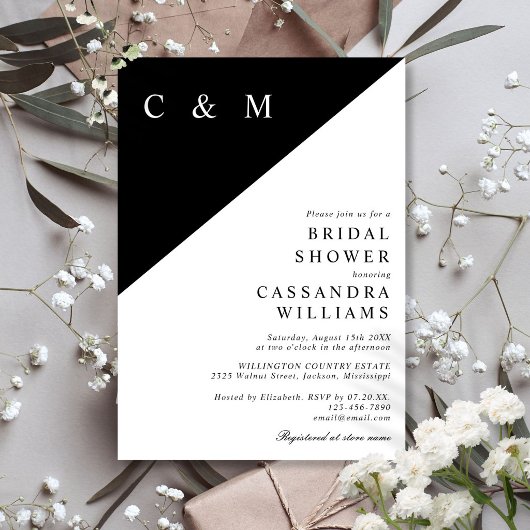 Zwart-Wit Minimalistische Monogram Bruidsfeest Kaart