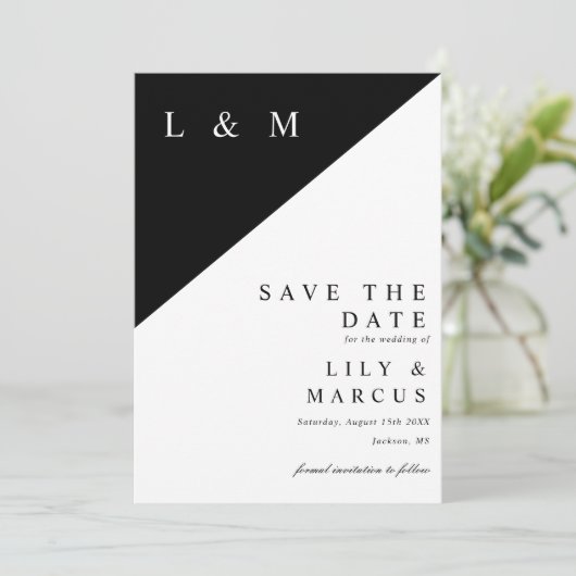 Zwart-wit minimalistische monogram bruiloft save the date (Staand voorkant)