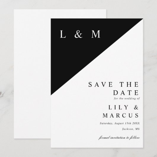 Zwart-wit minimalistische monogram bruiloft save the date (Voorkant / Achterkant)