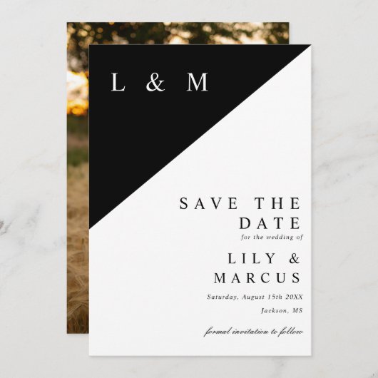 Zwart-wit minimalistische monogram trouwfoto save the date (Voorkant / Achterkant)