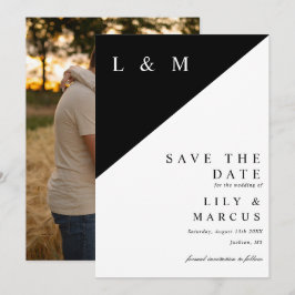 Zwart-wit minimalistische monogram trouwfoto save the date