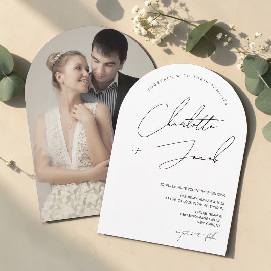 Zwart wit Minimalistische Script Boog Foto Bruilof Kaart