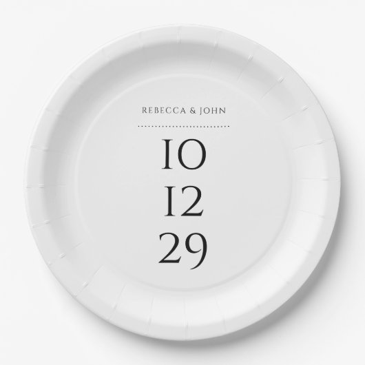 Zwart-wit minimalistische speciale datum bruiloft papieren bordje (Voorkant)