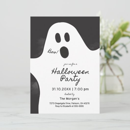 Zwart-wit minimalistische spook Halloween Party Kaart (Staand voorkant)