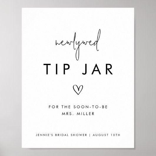 Zwart & Wit Minimalistische Tip Jar voor Jonggehuw Poster (Voorkant)