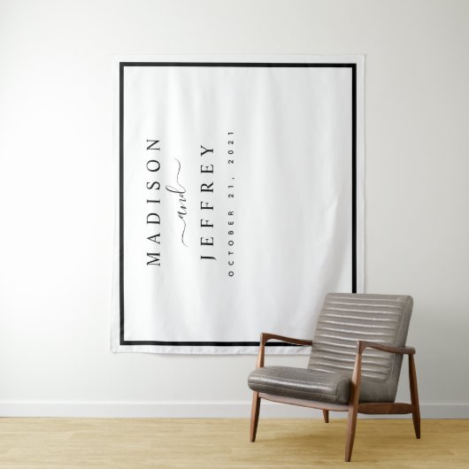 Zwart-wit minimalistische trouwachtergrond wandkleed (In situ)