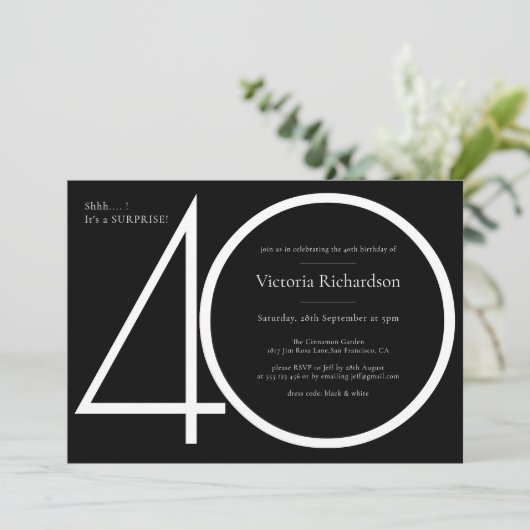 Zwart Wit Minimalistische Verrassing 40e Verjaarda Kaart (Staand voorkant)
