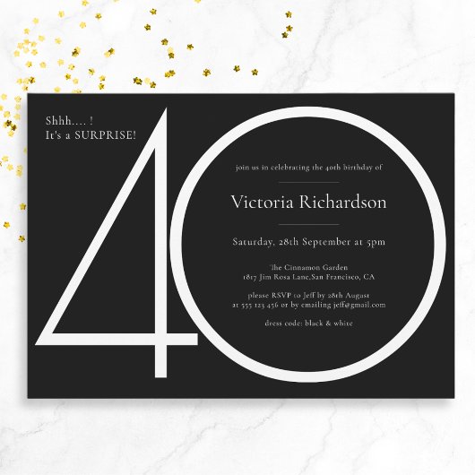 Zwart Wit Minimalistische Verrassing 40e Verjaarda Kaart