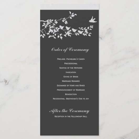 Zwart-wit minimalistische vogels huwelijksprogramm programmakaart (Achterkant)