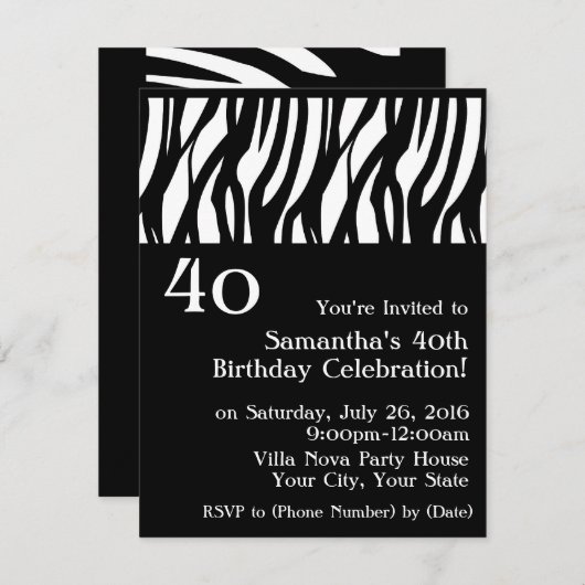 Zwart + Wit Mod Zebra 40e Feest Uitnodigingen (Voorkant / Achterkant)