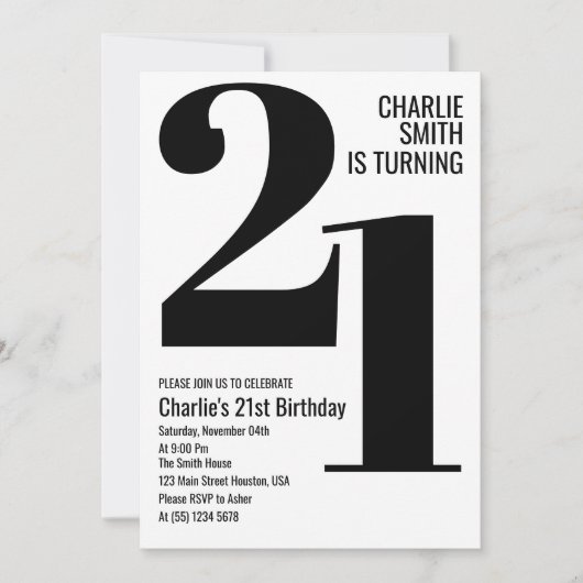 Zwart-wit Modern 21e verjaardagsfeestje Kaart (Voorkant)
