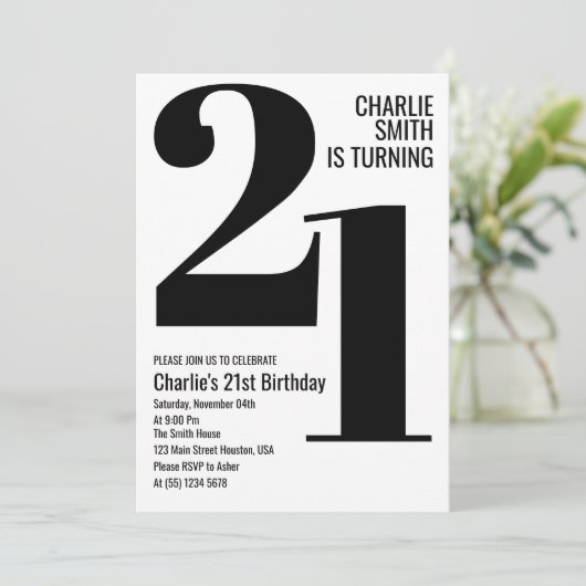 Zwart-wit Modern 21e verjaardagsfeestje Kaart (Staand voorkant)
