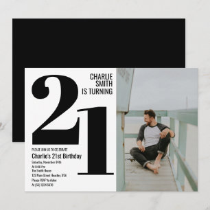 Zwart-wit Modern 21st Verjaardagsfeestfoto Kaart