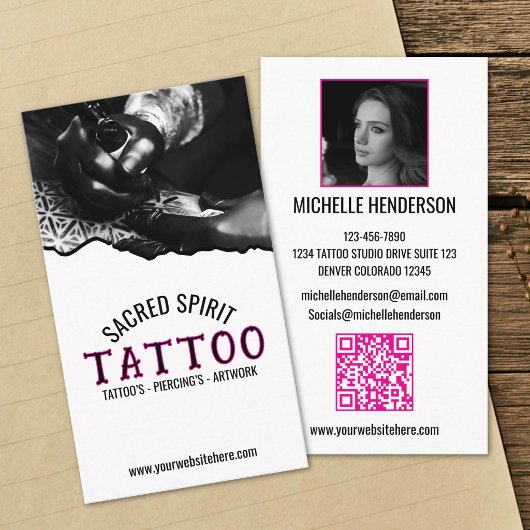 Zwart & Wit Modern 2 Foto QR Code Tattooist Visitekaartje