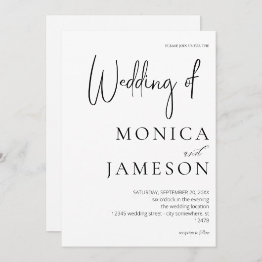 Zwart & Wit Modern 3 Trouwen Kaart (Voorkant / Achterkant)