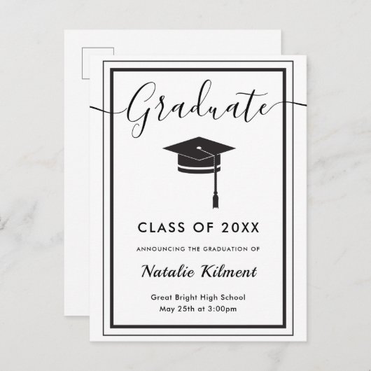 Zwart-wit modern Afstuderen Pet Afstuderen Aankondigingskaart (Voorkant / Achterkant)