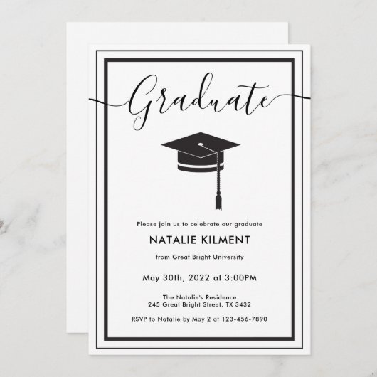 Zwart-wit modern Afstuderen Pet Afstuderen Kaart (Voorkant / Achterkant)