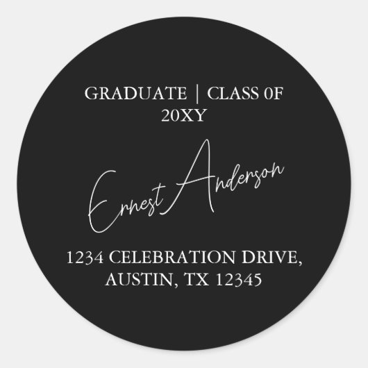 Zwart Wit Modern Afstuderen Retouradres Seal Ronde Sticker (Voorkant)