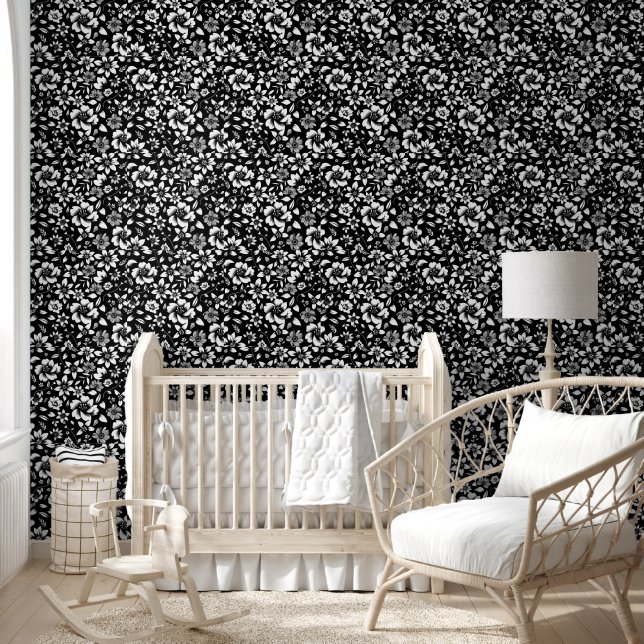 Zwart Wit Modern Bloem Bladeren Waaien Print Behang (Kinderen)