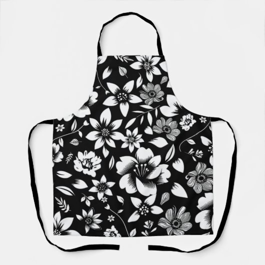Zwart Wit Modern Bloem Bladeren Waaien Schort (Voorkant)