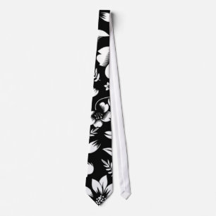 Zwart Wit Modern Bloem Bladeren Waaien Stropdas