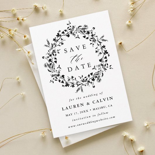 Zwart & Wit Modern Boho Wildbloem Huwelijksfoto Save The Date