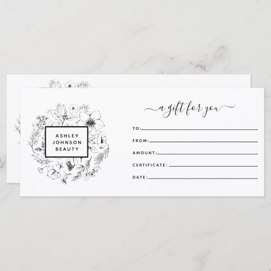 Zwart-wit modern botanisch cadeaucertificaat (Voorkant / Achterkant)
