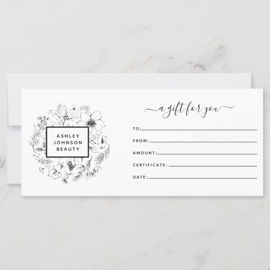 Zwart-wit modern botanisch cadeaucertificaat (Voorkant)