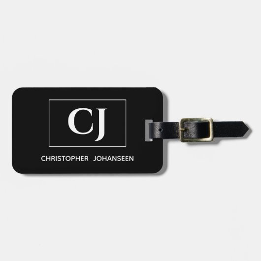 Zwart-wit Modern Eenvoudig Basic Monogrammed Bagagelabel (Voorkant horizontaal)