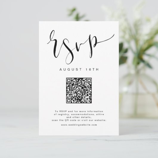 Zwart Wit Modern Eenvoudig Script bruiloft QR-code RSVP Kaartje (Staand voorkant)