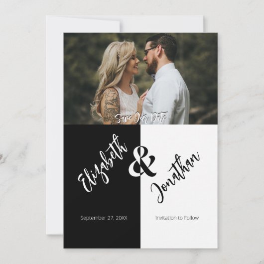 Zwart Wit Modern Eenvoudig Uniek Leuk Fotohuwelijk Save The Date (Voorkant)