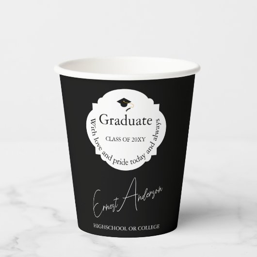 Zwart-wit Modern Elegant Afstuderen Afstuderen Papieren Bekers (Voorkant)