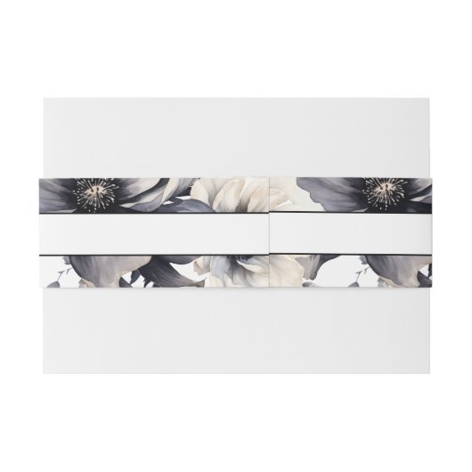 Zwart-wit Modern Elegant Bloemen Bruiloft Uitnodigingen Wikkel (Achterkant Voorbeeld)