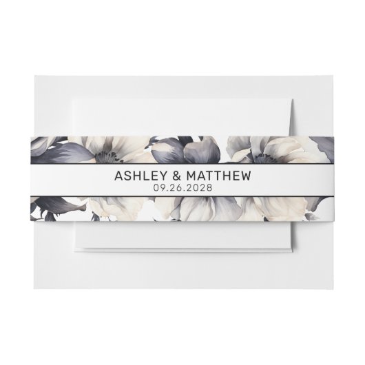 Zwart-wit Modern Elegant Bloemen Bruiloft Uitnodigingen Wikkel (Voorkant Voorbeeld)