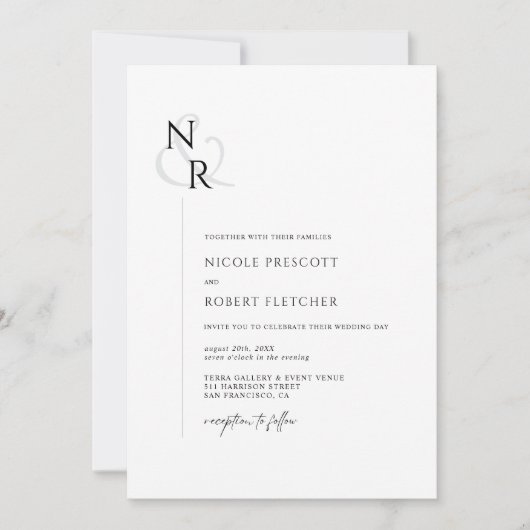 Zwart & Wit Modern Elegant Monogram Huwelijk Kaart (Voorkant)